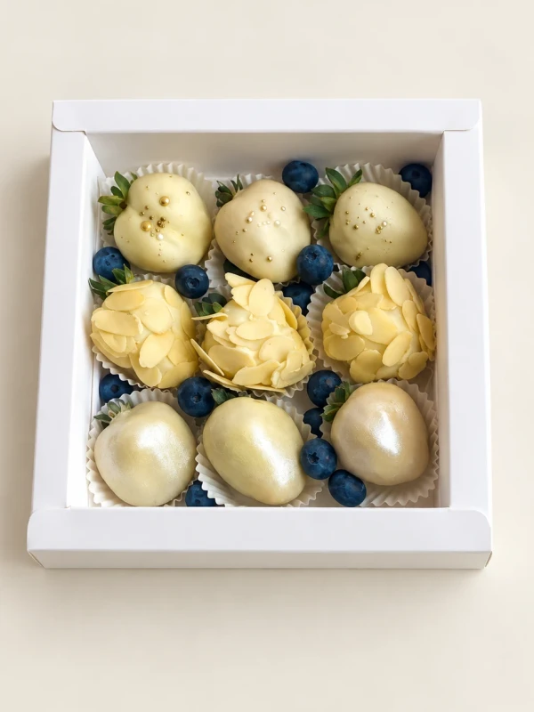 Клубничный бокс "White Light" — «Клубничный бокс White Light» — клубничный бокс Dolce Sweets из 9 ягод клубники в белом шоколаде и 15 ягод…